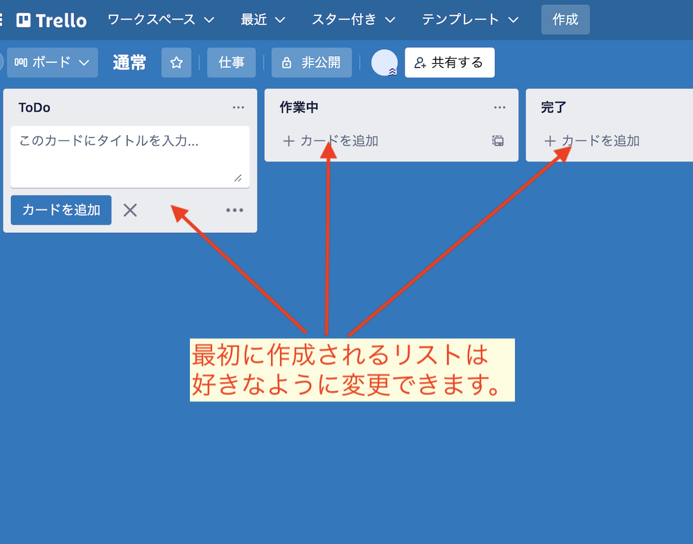 作成されたボード
初期表示されるリストは変更削除可能